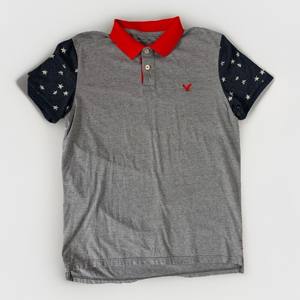 American Eagle Outfitters Mens Size L Polo Blue Red Gray Americana Slim Fit